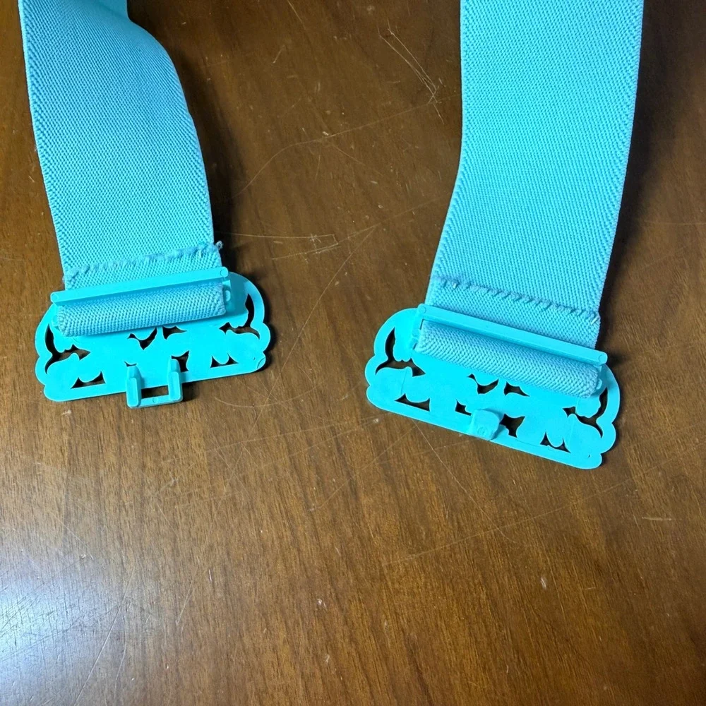 90's Elastic Cinch Belt Women Teal Floral Buckle Retro Stretchy Waist Plastic